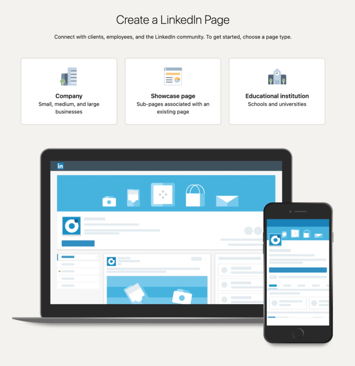 a screenshot of the create a linkedin page page