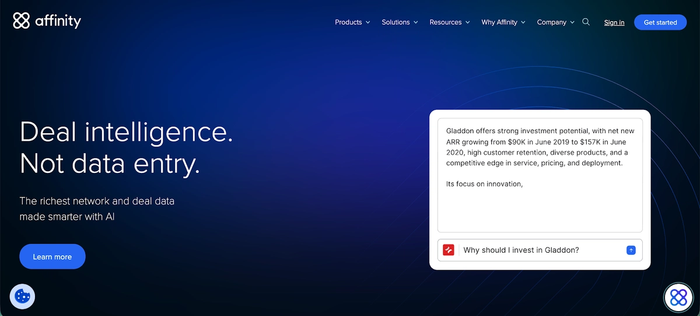 Affinity website homepage featuring "Deal intelligence. Not data entry." and an AI chatbot interface discussing investment potential.
