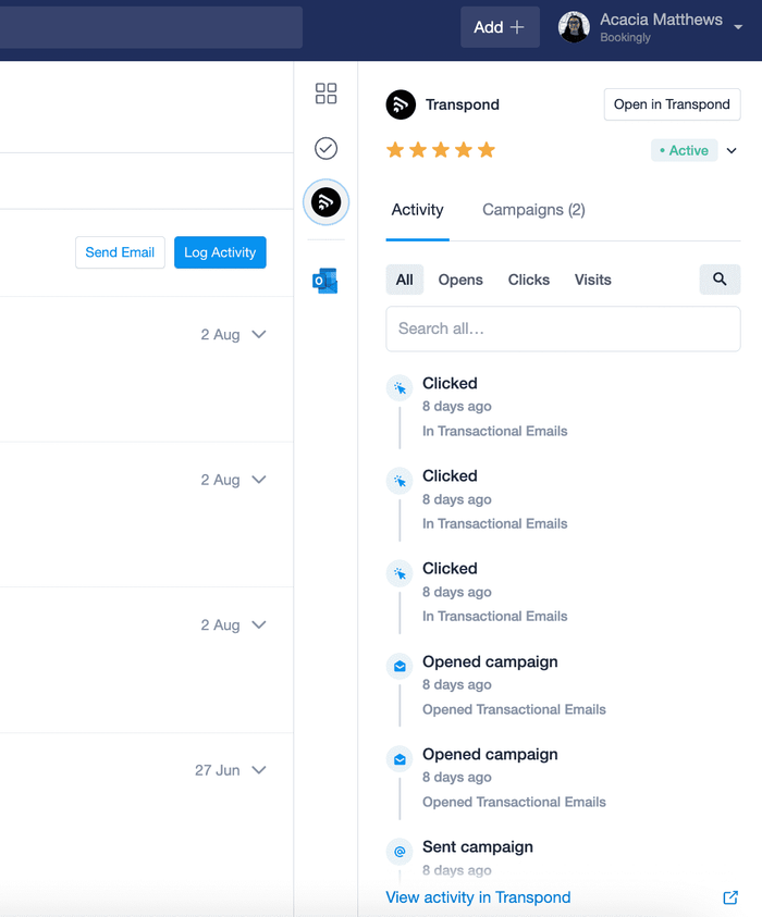 Showing the expanded Transpond sidebar in Capsule