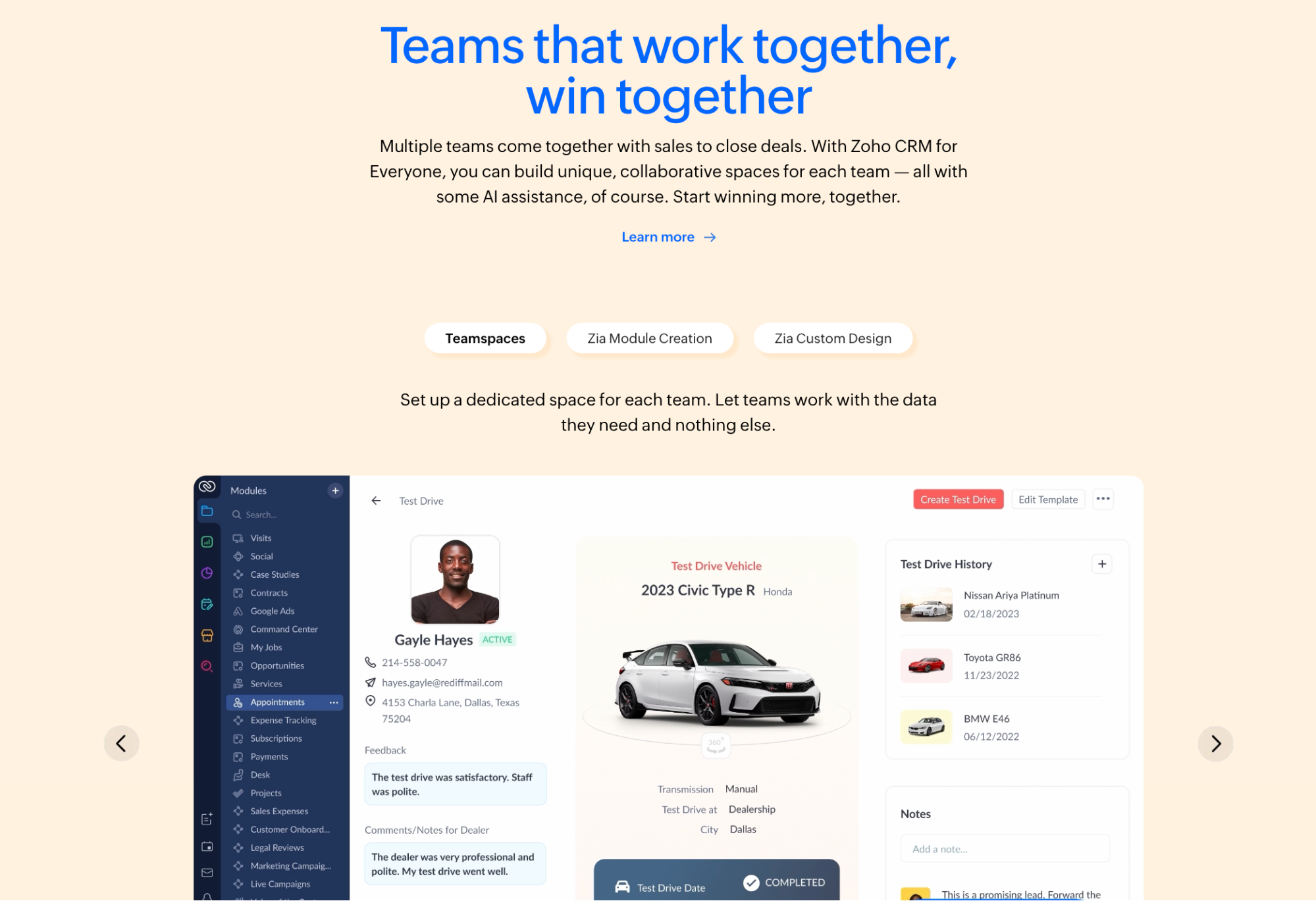 Zoho CRM page about team collaboration and shared workspaces.