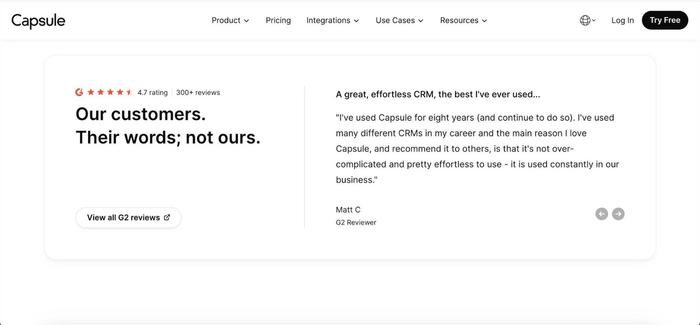 Capsule website with a customer review.