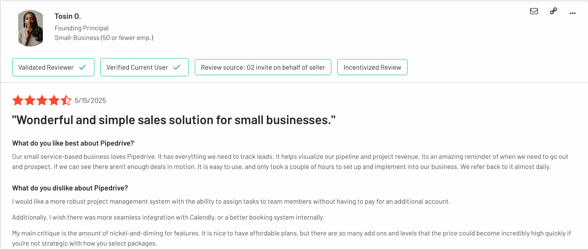 G2 review by Tosin O., who notes ease of use, daily value, and revenue tracking, but critiques limited project management and high costs for extra features.