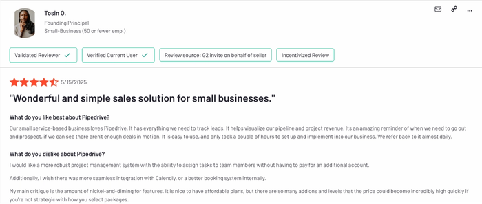 G2 review by Tosin O., who notes ease of use, daily value, and revenue tracking, but critiques limited project management and high costs for extra features.