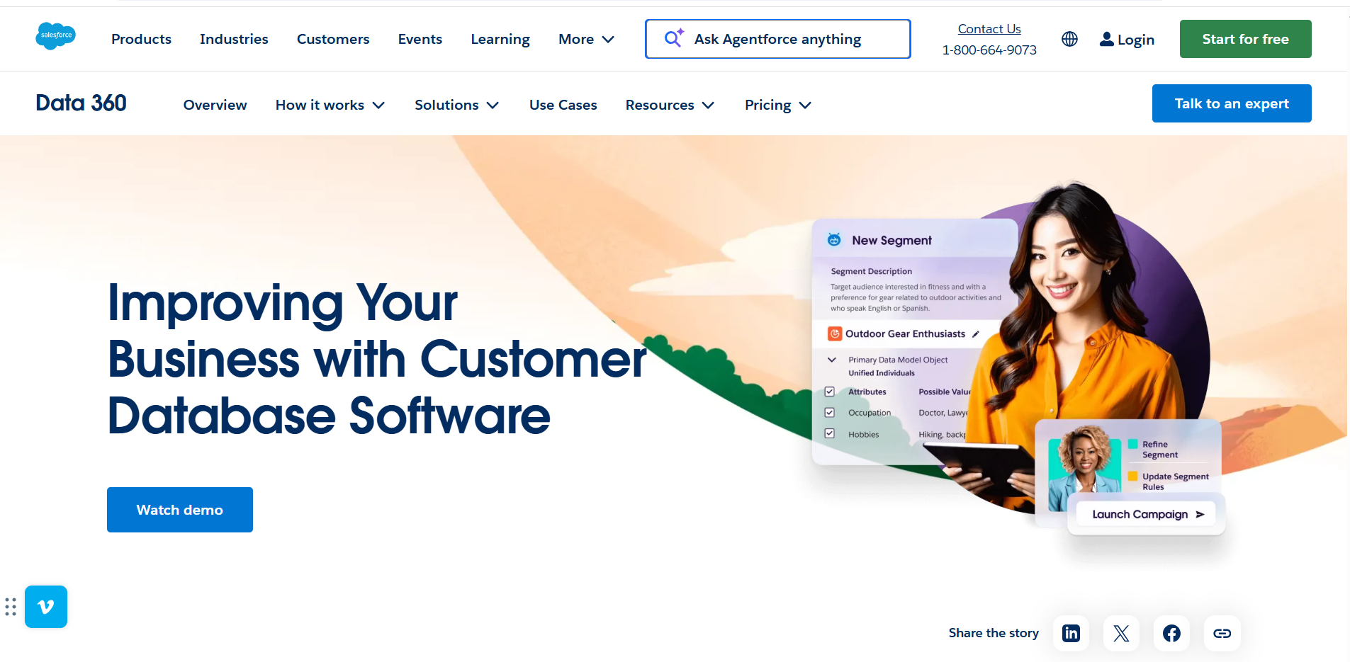 Salesforce Data 360 webpage showing a smiling woman interacting with customer database software interfaces, and the text 'Improving Your Business with Customer Database Software'.