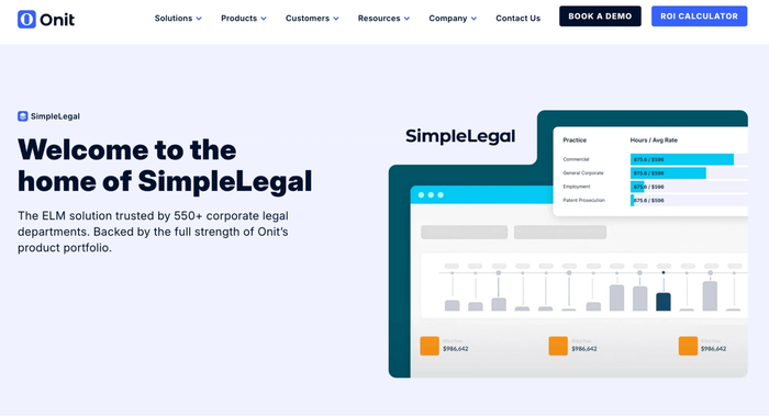 Onit's SimpleLegal website showing a software dashboard with legal practice data charts.