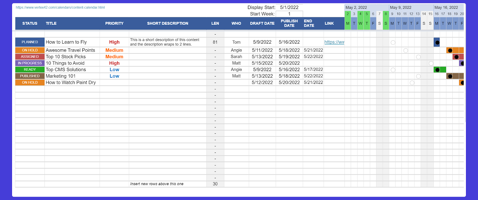 Content scheduling calendar Google Sheets template