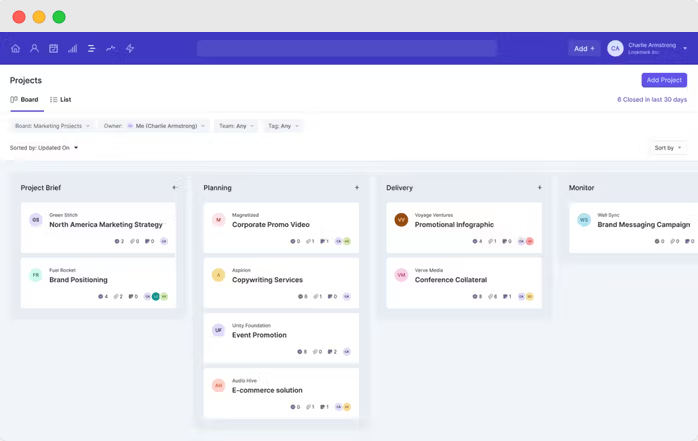 Capsule CRM project board view with columns for Project Brief, Planning, Delivery, and Monitor, featuring cards like Copywriting Services and Brand Messaging Campaign.