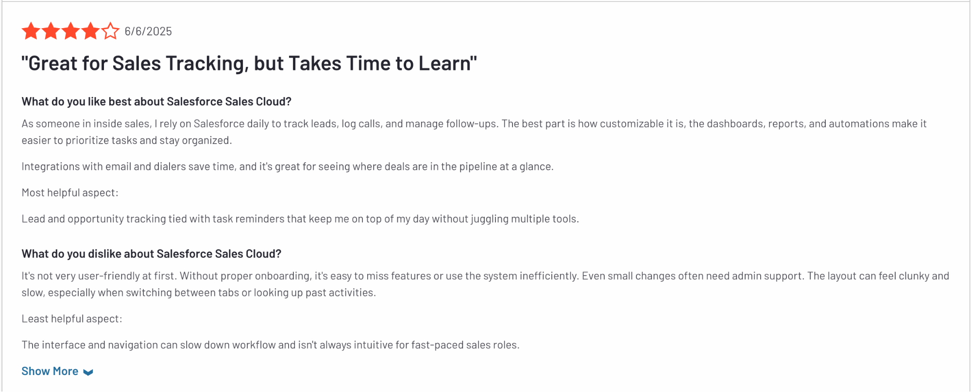 Review highlighting Salesforce's tracking and customization strengths, with criticism about its steep learning curve and clunky interface for new users.