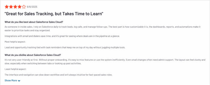Review highlighting Salesforce's tracking and customization strengths, with criticism about its steep learning curve and clunky interface for new users.