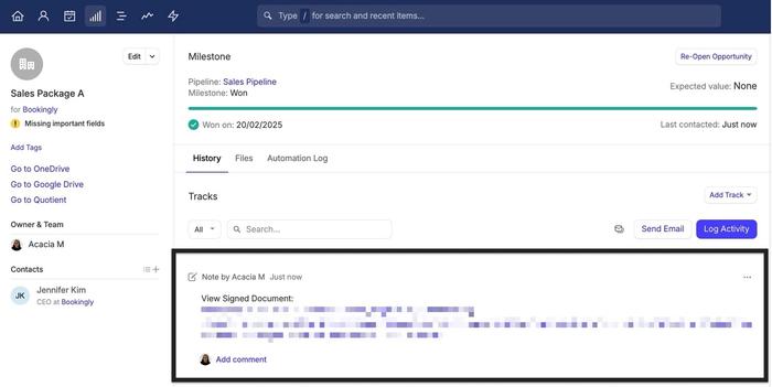 showing note added to opportunity from zapier