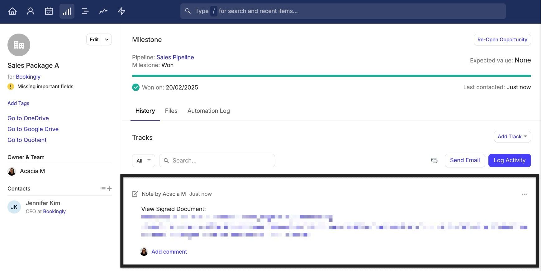 showing note added to opportunity from zapier