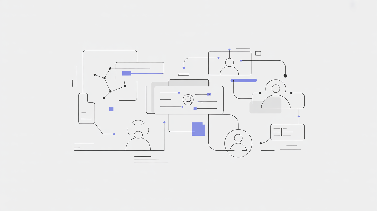 Arte lineal minimalista que ilustra una red de datos con perfiles de usuario y documentos interconectados.