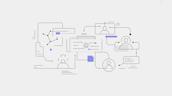Minimalist line art illustrating a data network with interconnected user profiles and documents.