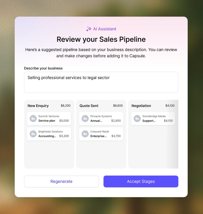 A screen showing an AI Assistant suggesting a sales pipeline with stages like New Enquiry, Quote Sent, and Negotiation, based on the business description "Selling professional services to legal sector."