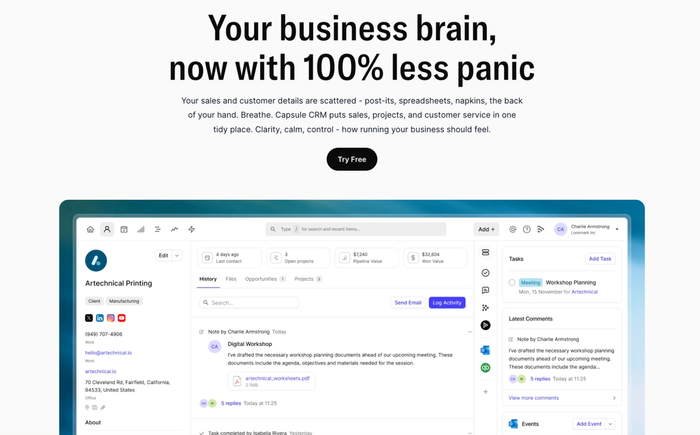 A promotional webpage for Capsule CRM with the headline "Your business brain, now with 100% less panic," and a screenshot of the software's interface displaying client details, tasks, and comments.