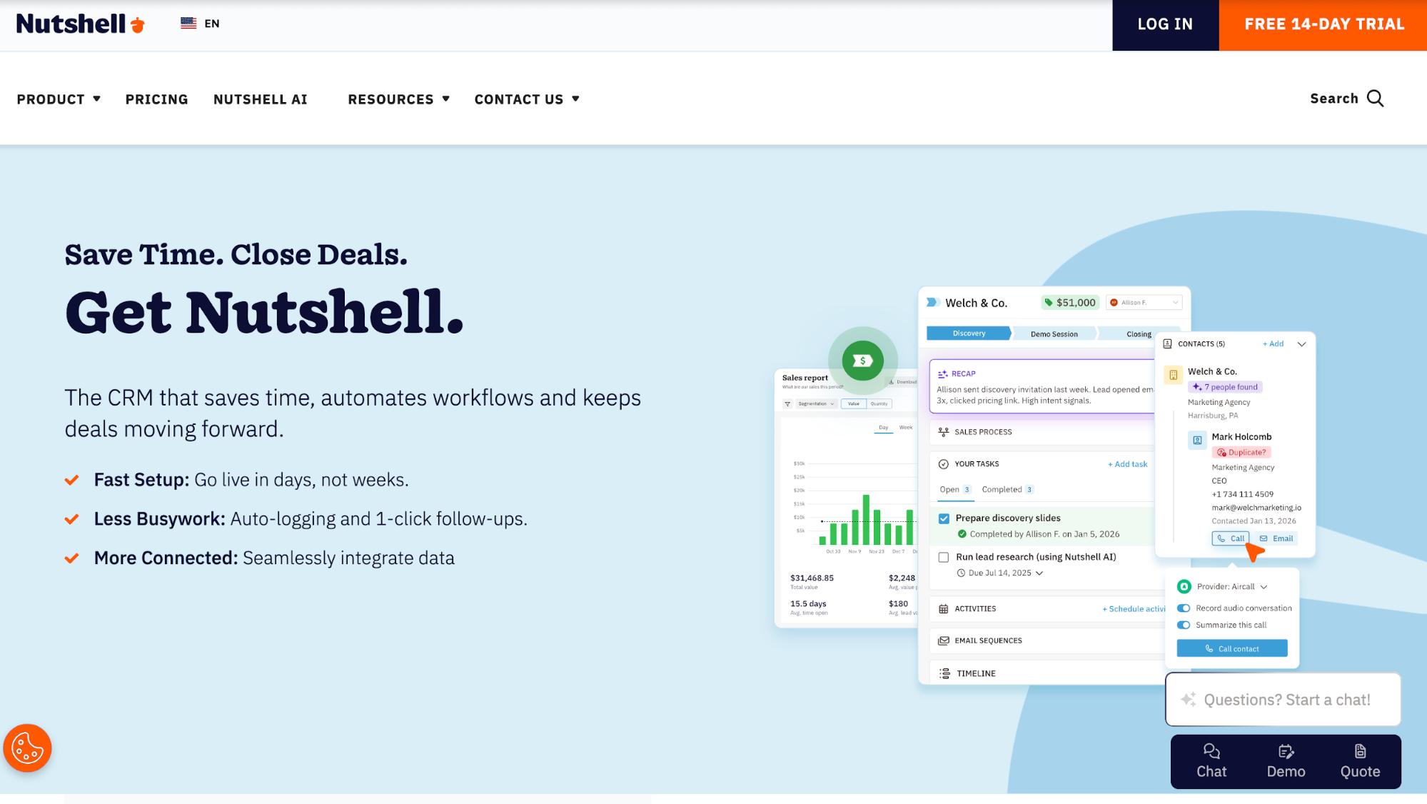 Nutshell CRM website displaying its sales tracking dashboard, task management, and contact details interface, with the headline "Save Time. Close Deals. Get Nutshell."