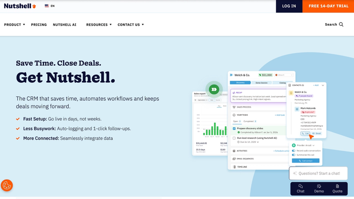 Nutshell CRM website displaying its sales tracking dashboard, task management, and contact details interface, with the headline "Save Time. Close Deals. Get Nutshell."