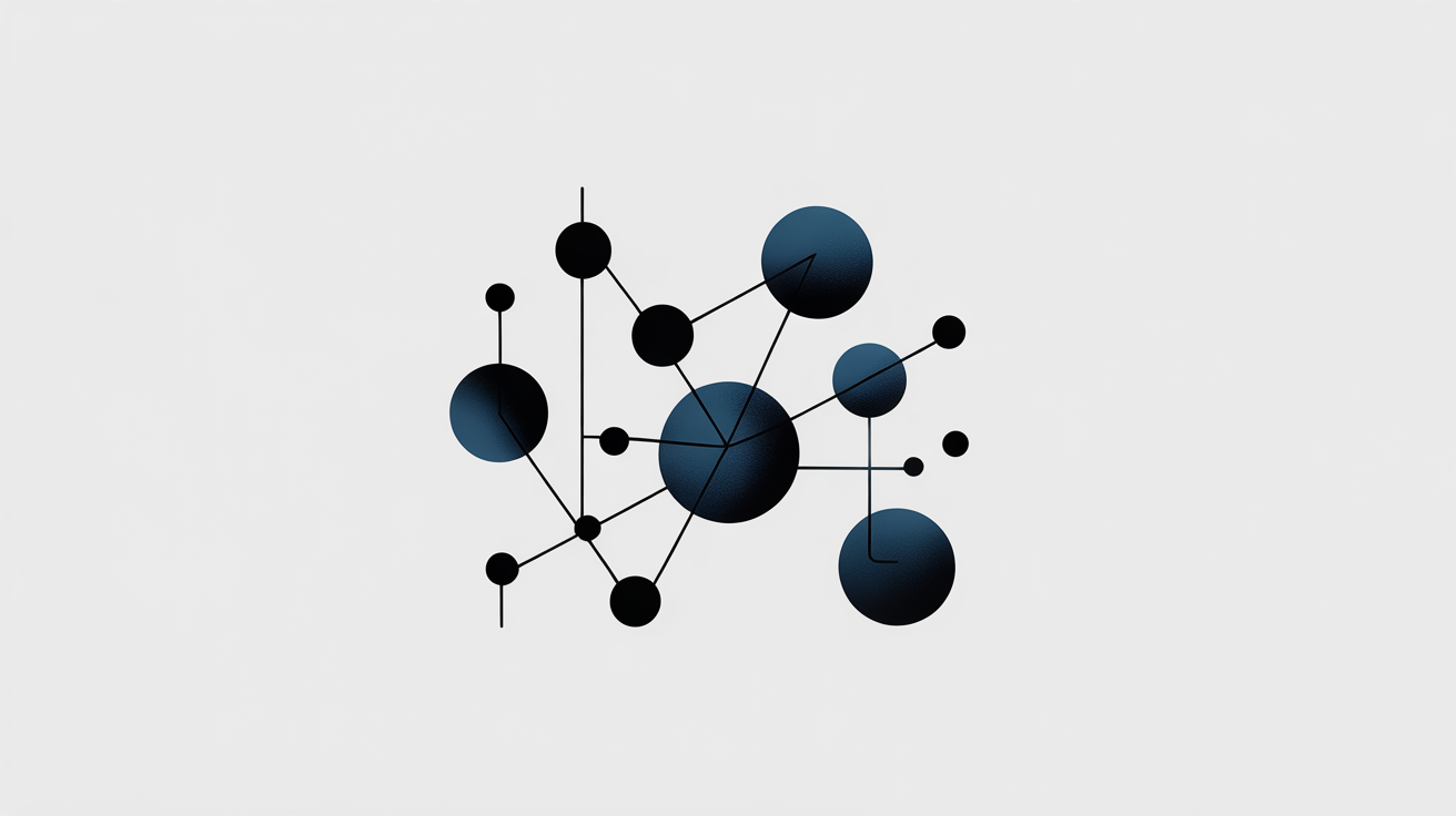 Abstract illustration of interconnected dark blue and black circles with lines on a light background.