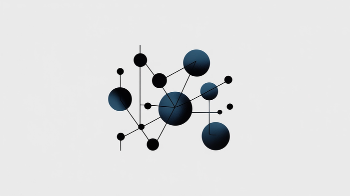 Abstract illustration of interconnected dark blue and black circles with lines on a light background.