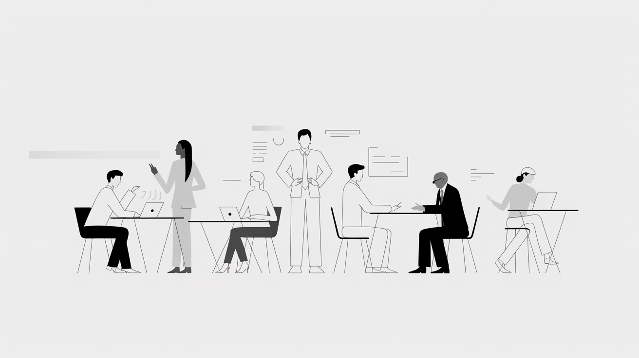 Ilustración minimalista en blanco y negro de siete personas trabajando y colaborando en una oficina.