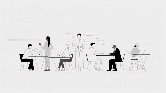 Minimalist black and white illustration of seven people working and collaborating in an office.