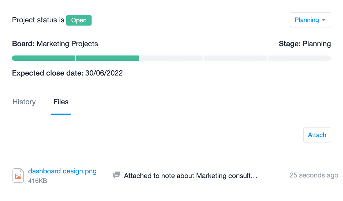 Se ha seleccionado la pestaña de archivos en un Proyecto. Aquí se listan todos los archivos que actualmente se almacenan en el Proyecto y existe la opción de añadir más archivos.