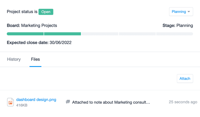 The files tab on a Project has been selected. Any files currently stored on the Project are listed here and there is the option to add more files.