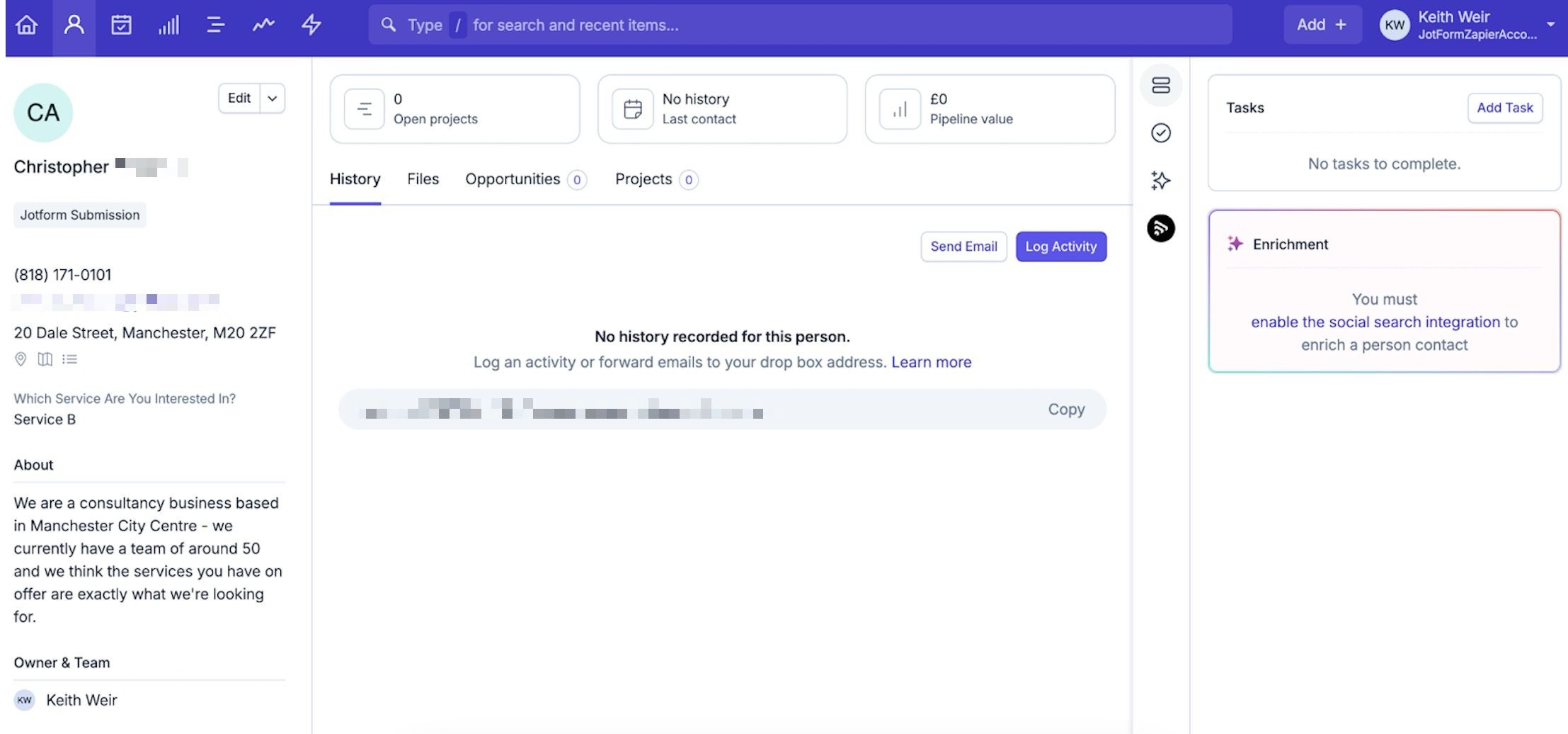 mostrando nuevo contacto creado en capsule