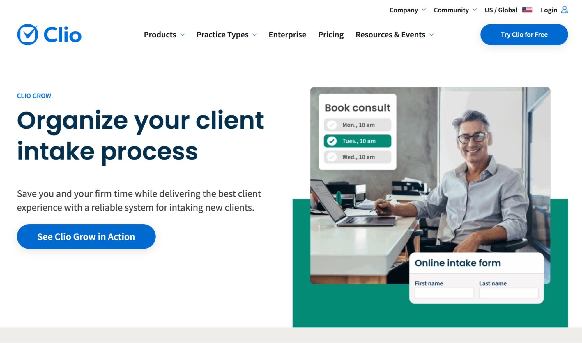 Clio Grow webpage with "Organize your client intake process" headline, featuring a smiling man, online scheduling, and an intake form.