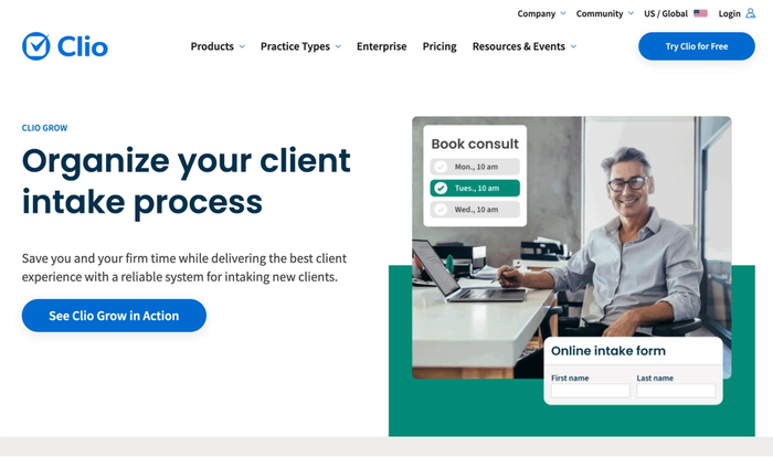 Clio Grow webpage with "Organize your client intake process" headline, featuring a smiling man, online scheduling, and an intake form.