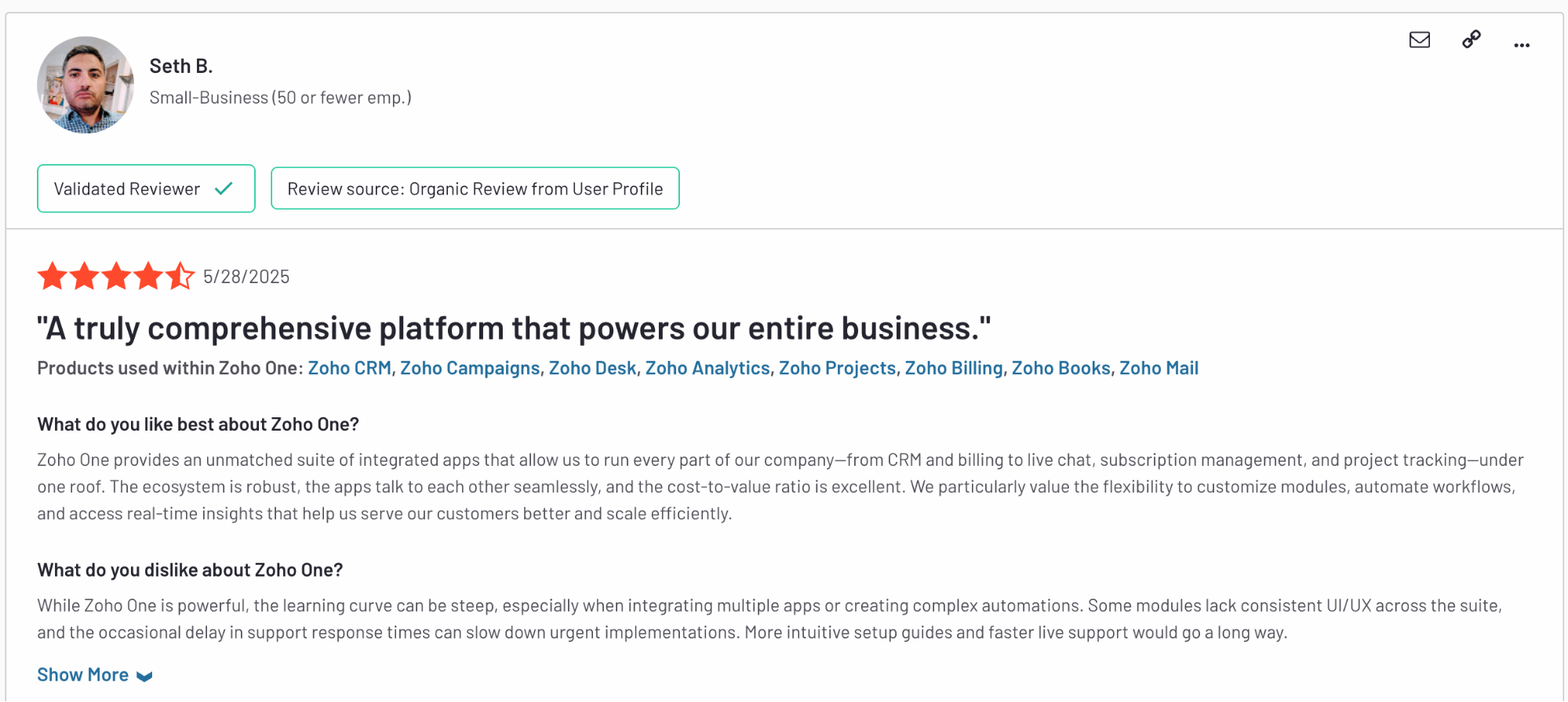 Zoho One review describing it as a powerful, all-in-one platform with a steep learning curve and inconsistent UI.
