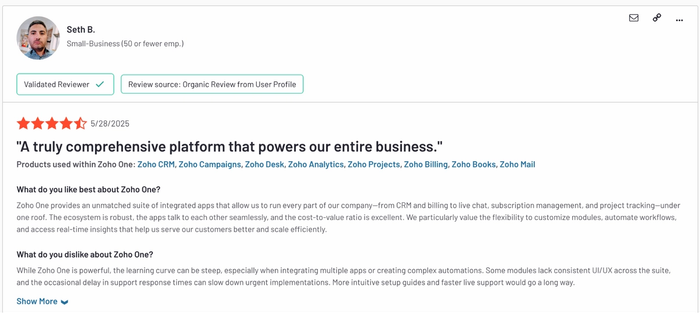 Zoho One review describing it as a powerful, all-in-one platform with a steep learning curve and inconsistent UI.