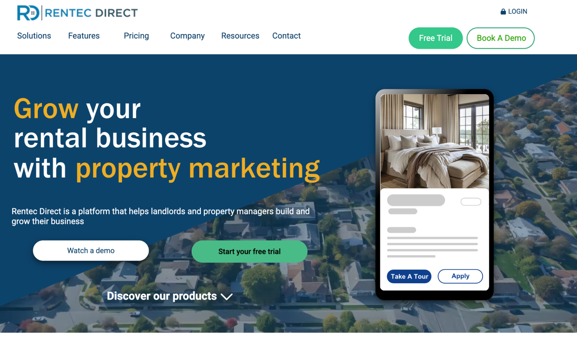 The Rentec Direct landing page, featuring the slogan "Grow your rental business with property marketing" next to a smartphone showing a property listing, all superimposed on an aerial view of a suburban area.