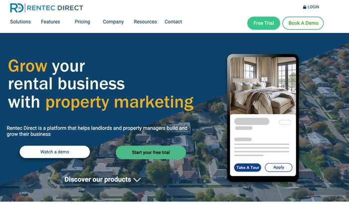 The Rentec Direct landing page, featuring the slogan "Grow your rental business with property marketing" next to a smartphone showing a property listing, all superimposed on an aerial view of a suburban area.