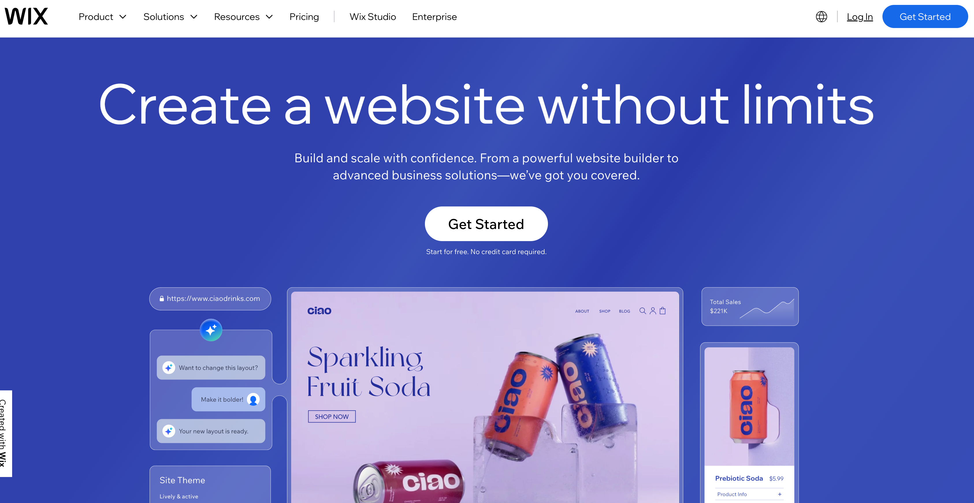 a screenshot of a website that says create a website without limits