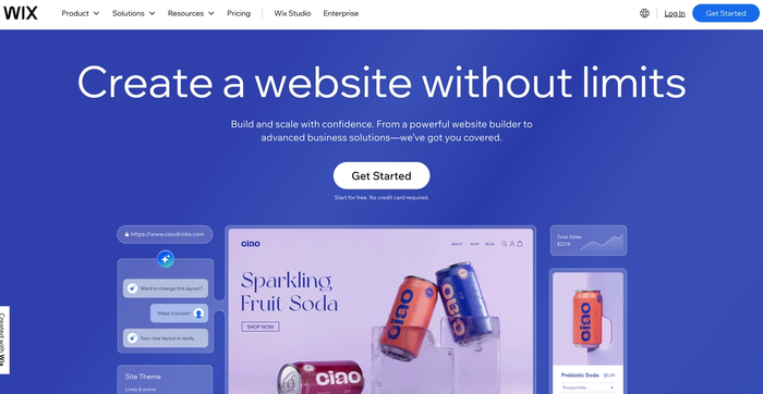 a screenshot of a website that says create a website without limits