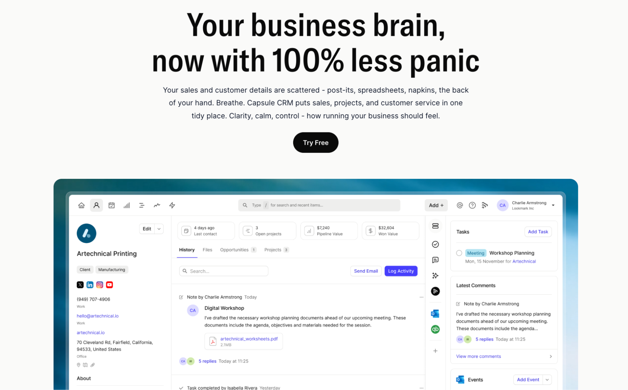 Landing page for a CRM titled "Your business brain, now with 100% less panic", showing a software interface with contact and task management.