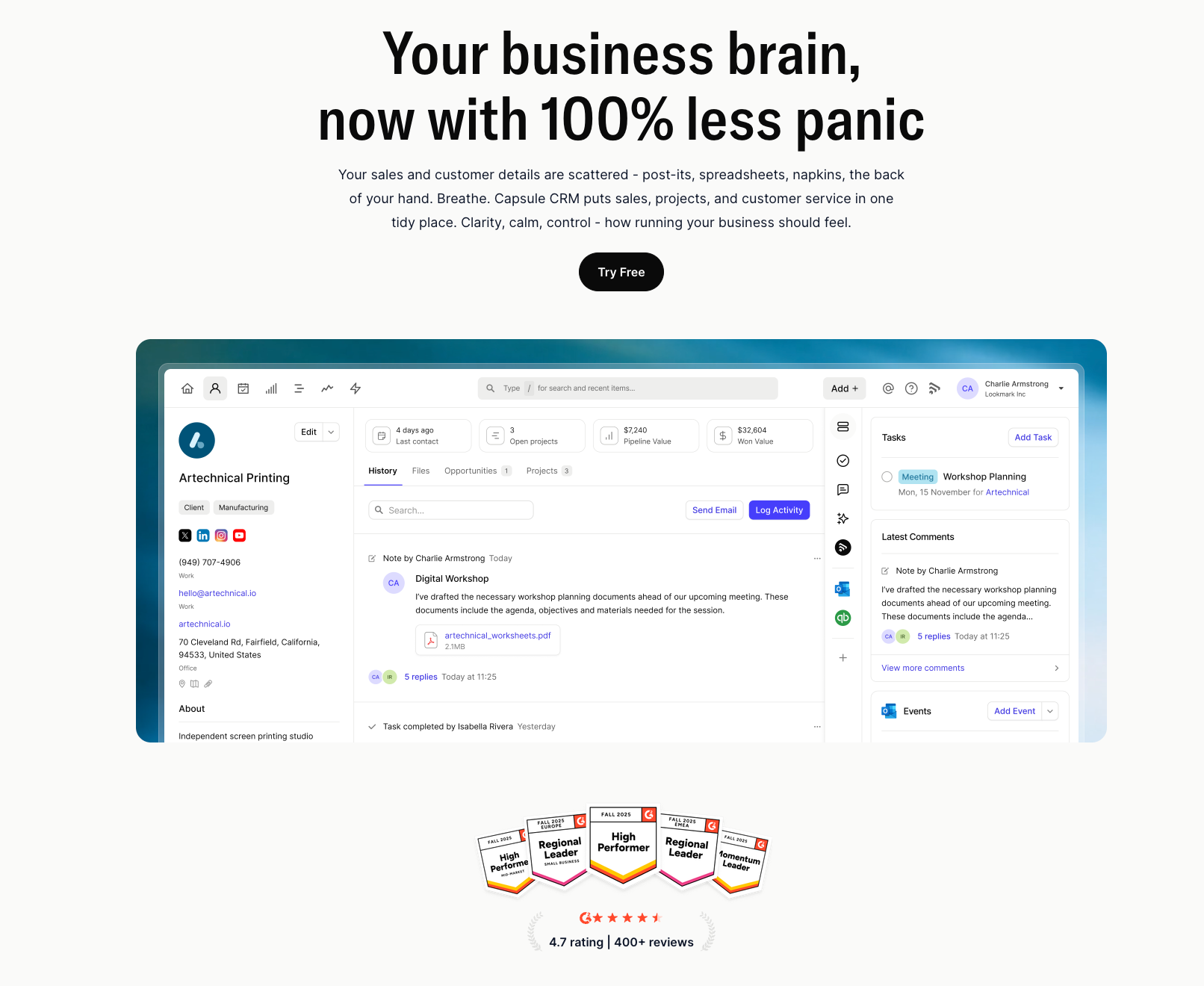 Screenshot of the Capsule CRM interface displaying a client profile with history, tasks, and comments, below the headline "Your business brain, now with 100% less panic" and above a 4.7-star rating.