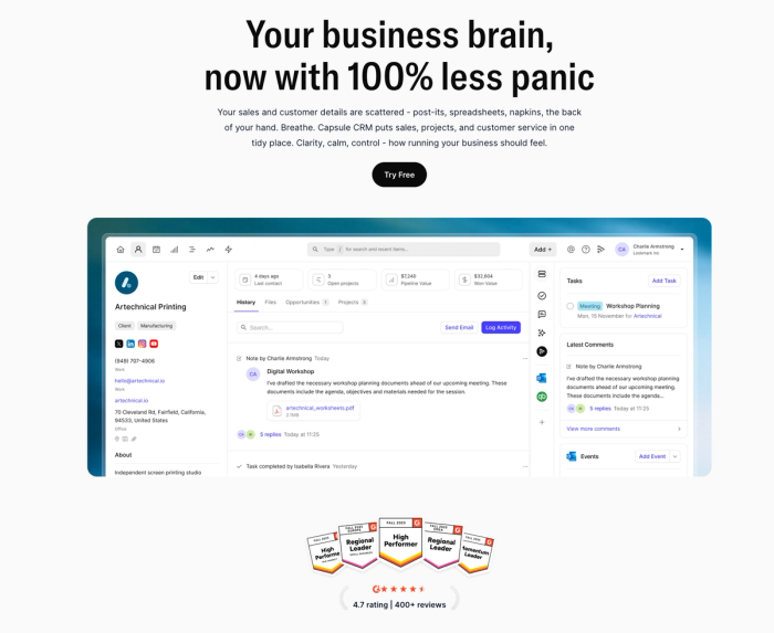 Screenshot of the Capsule CRM interface displaying a client profile with history, tasks, and comments, below the headline "Your business brain, now with 100% less panic" and above a 4.7-star rating.