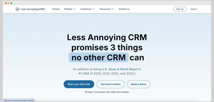 Homepage of Less Annoying CRM promoting a 30-day free trial and three unique benefits, all in a minimal light blue design.