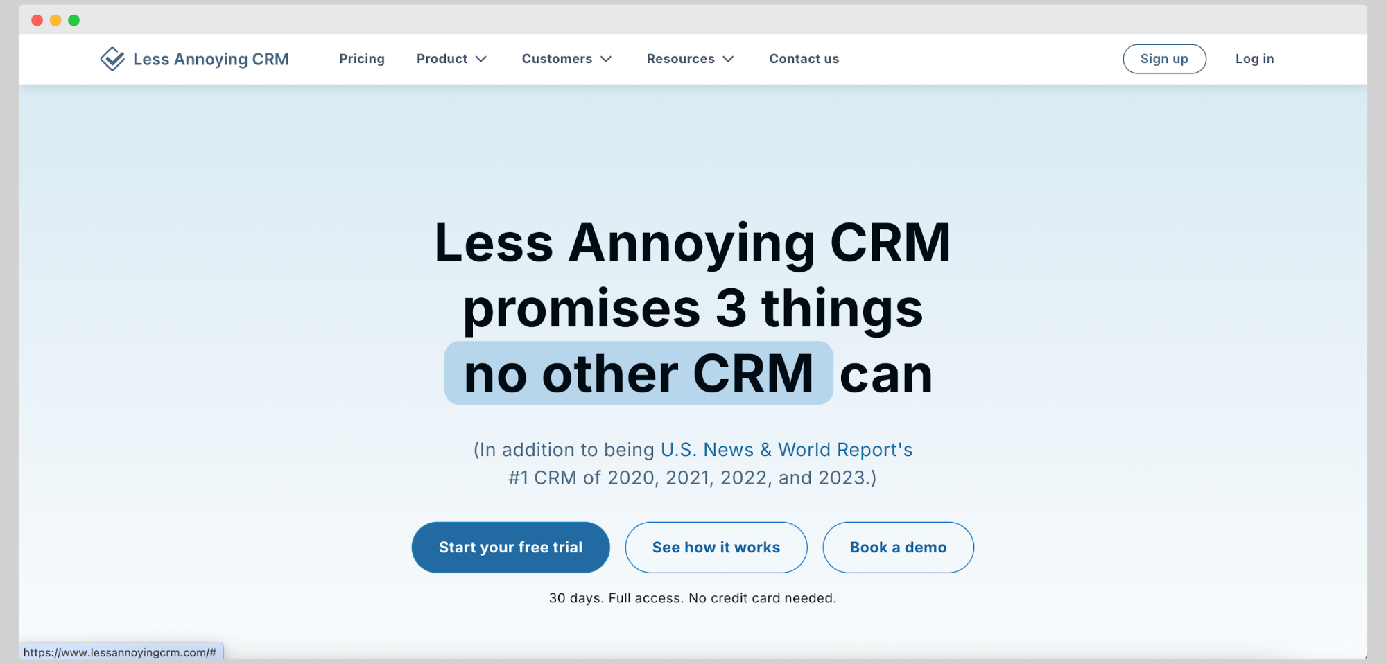 Homepage of Less Annoying CRM promoting a 30-day free trial and three unique benefits, all in a minimal light blue design.