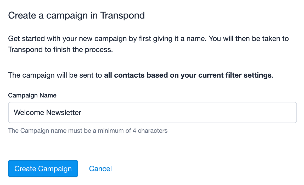 Modal para nombrar una campaña de Transpond una vez que se seleccionan los contactos