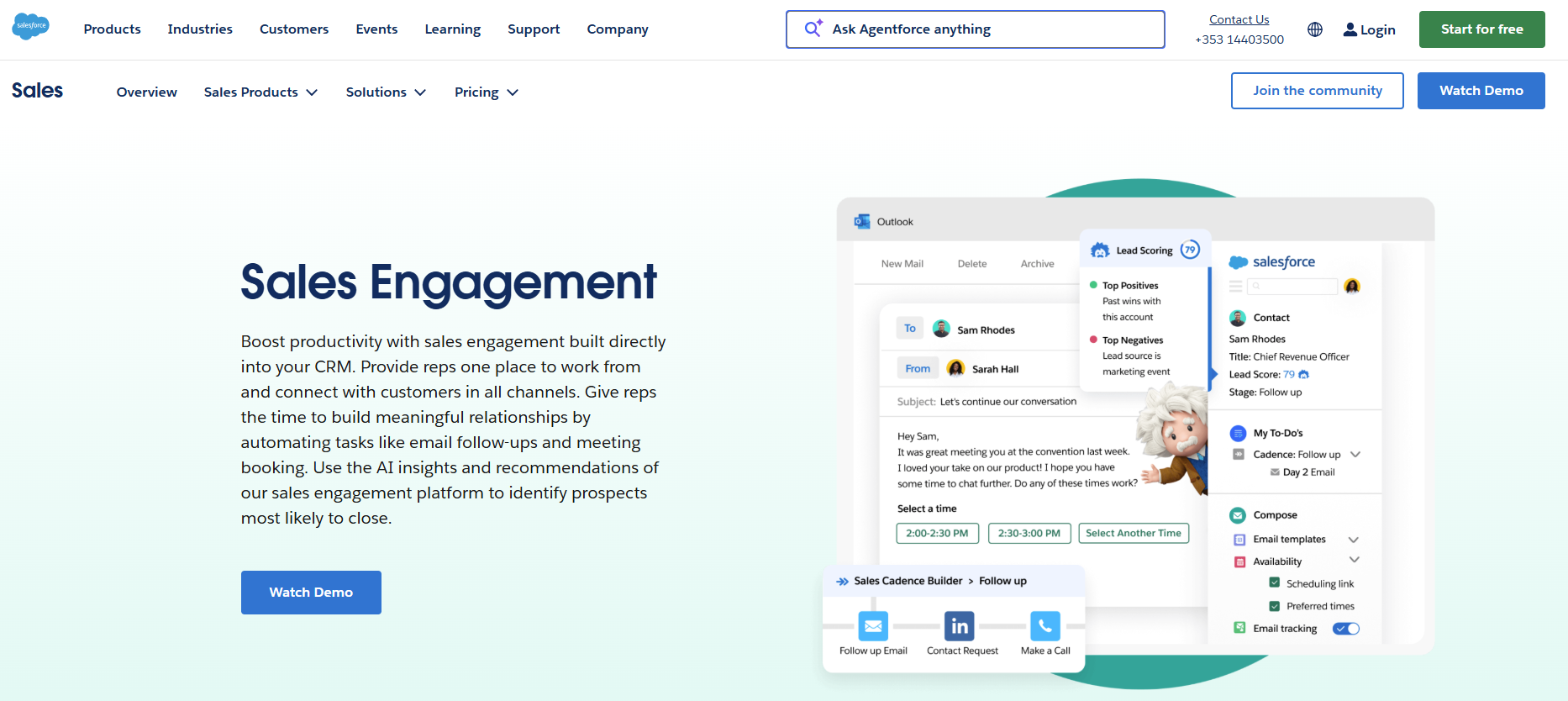 Salesforce webpage promoting Sales Engagement, with a CRM interface integrated into Outlook displaying lead and task management tools.