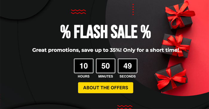 a flash sale advertisement that says great promotions save up to 35 % only for a short time