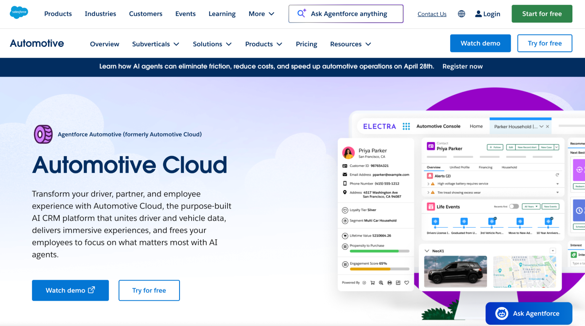 Salesforce Agentforce Automotive Cloud webpage displaying its AI CRM platform with customer and vehicle data.