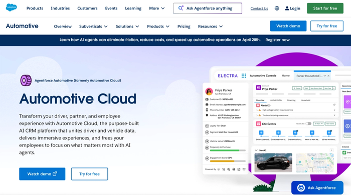 Salesforce Agentforce Automotive Cloud webpage displaying its AI CRM platform with customer and vehicle data.