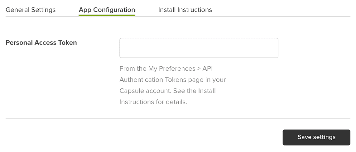 Pestaña de configuración de la aplicación con un campo de texto para añadir un token de acceso personal