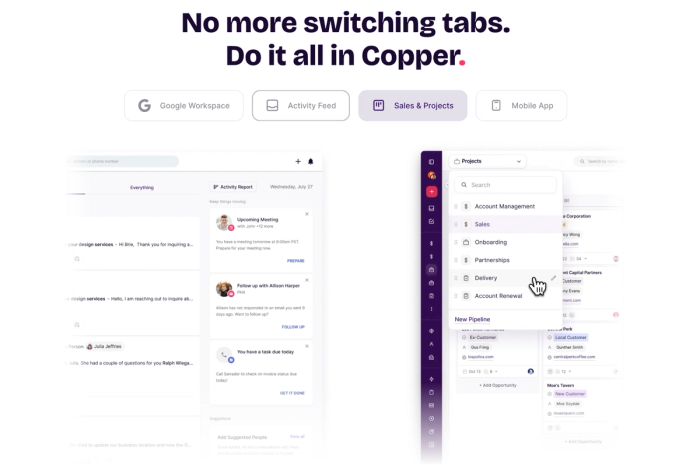 a screenshot of a web page that says no more switching tabs do it all in copper