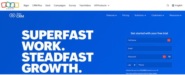 Zoho landing page