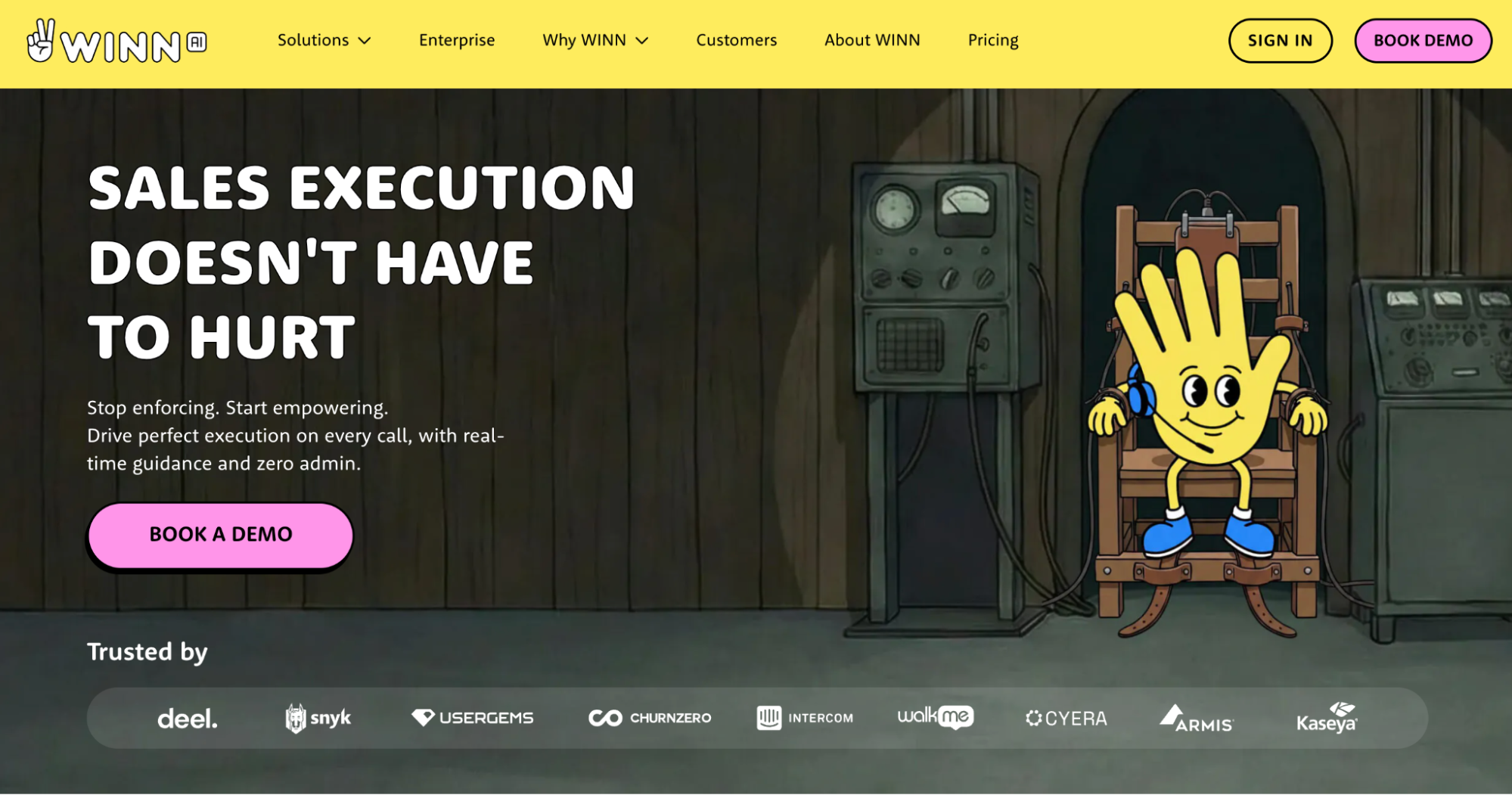 WINN website homepage with "Sales Execution Doesn't Have To Hurt" text and a cartoon hand character in a headset strapped into an electric chair.